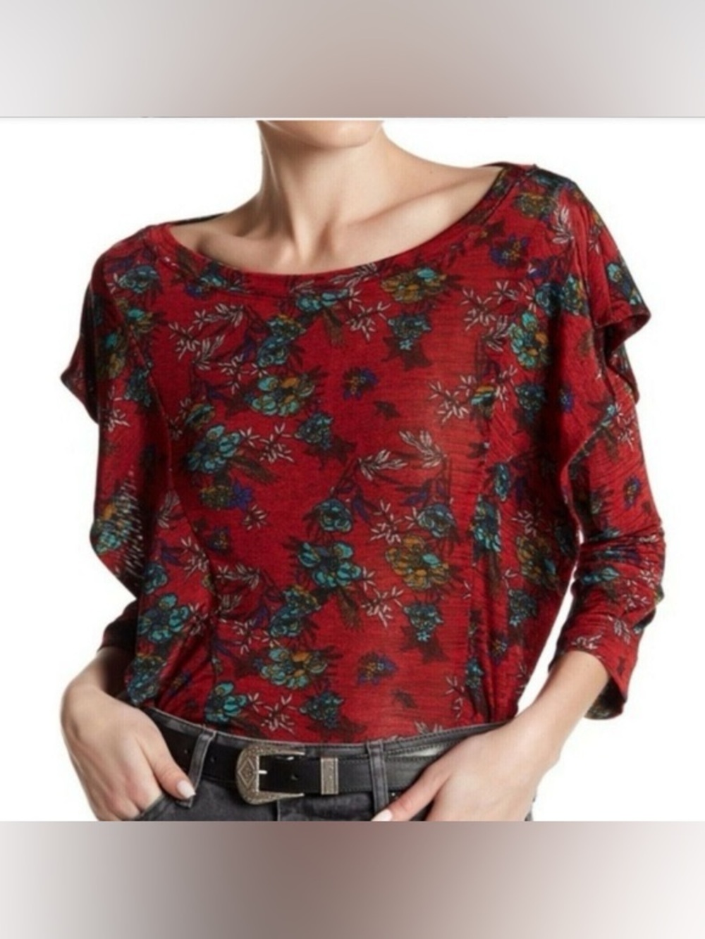 Free People - Dock Street Red Floral Ruffle Accents Quarter Sleeves Blouse SZ LG